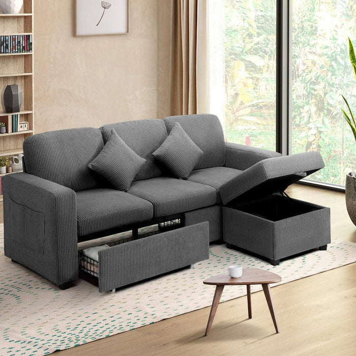 Parisi 3 Seater Premium Storage Sofa with Ottoman | Versatile Sofa Couch Set with Modular Ottoman and Storage | 2 Finishes