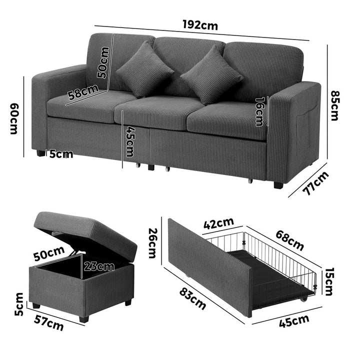 Parisi 3 Seater Premium Storage Sofa with Ottoman | Versatile Sofa Couch Set with Modular Ottoman and Storage | 2 Finishes