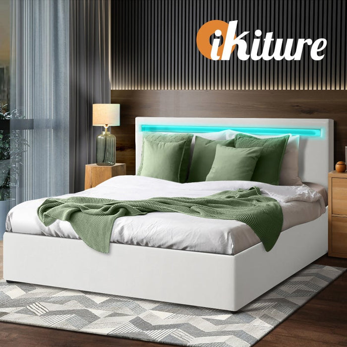 Premium Milano White PU Leather LED Gas Lift Storage Bed | Two In One White Bed Frame and Storage Combo | 4 Sizes