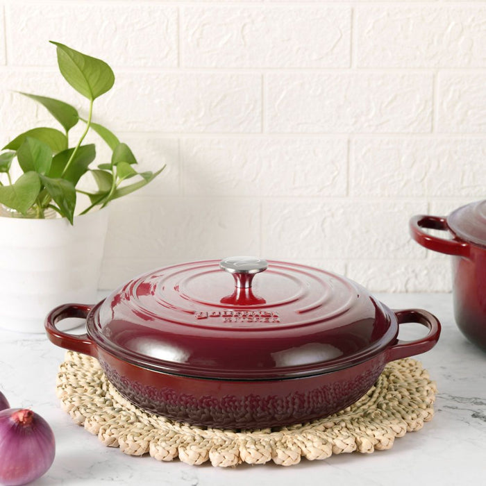 Alaskan 30cm Cast Iron Shallow Casserole Dish in Black Cherry Red