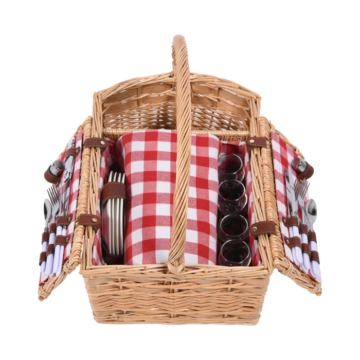 Ascot 4 Person Natural Wicker Picnic Basket with Red & White Gingham Rug Natural Basket 48x33x20 Rug 1.3x1.5m