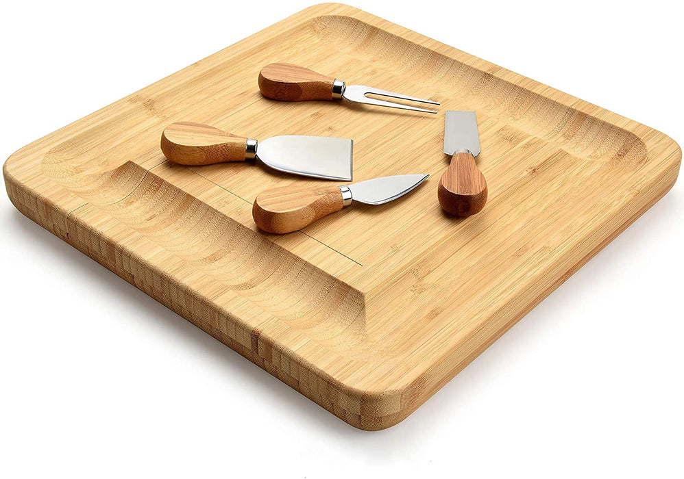 Bamboo Bliss Cheese Draw Board and Knife Set with Cutlery | Premium Bamboo Serving Set