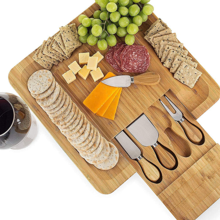 Bamboo Bliss Cheese Draw Board and Knife Set with Cutlery | Premium Bamboo Serving Set