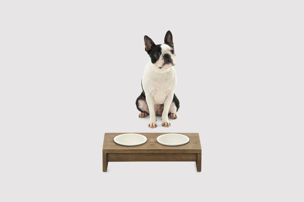 Raised Wooden Dual Pet Feeder with Porcelain Bowls