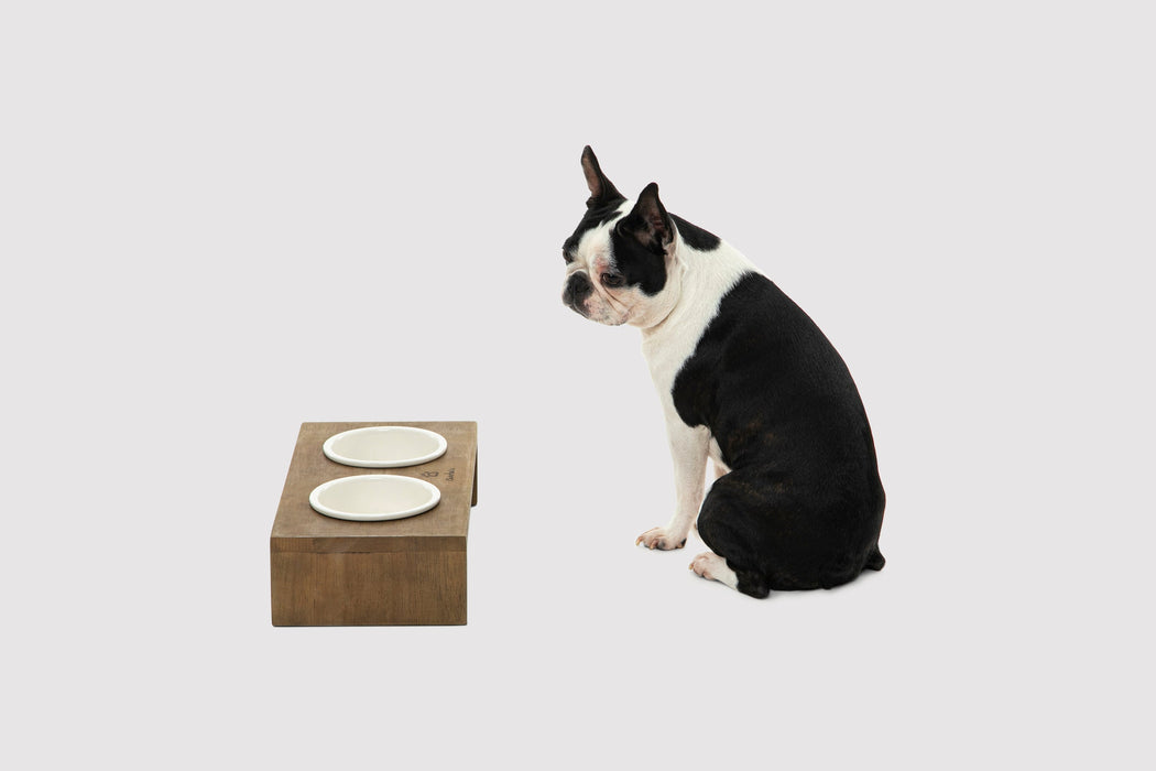 Raised Wooden Dual Pet Feeder with Porcelain Bowls