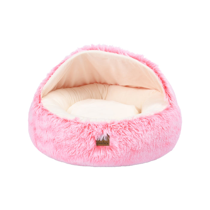 Faux Fur Hooded Round Pet Cave Ombre Pink