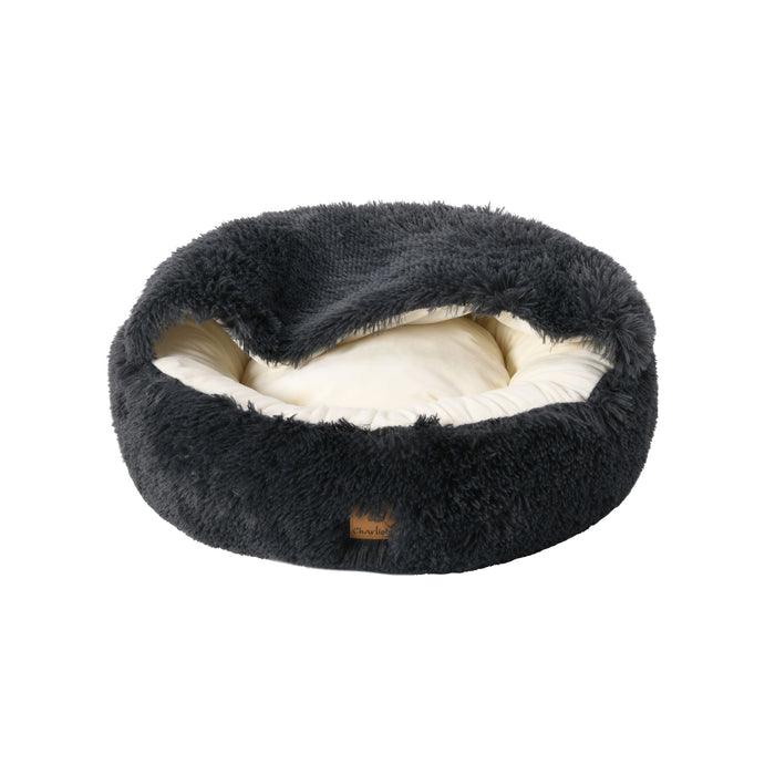 Faux Fur Hooded Round Pet Cave Charcoal