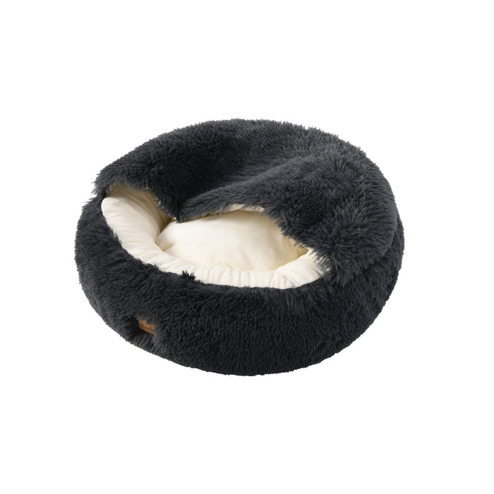 Faux Fur Hooded Round Pet Cave Charcoal