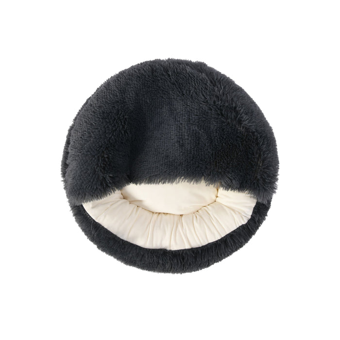 Faux Fur Hooded Round Pet Cave Charcoal