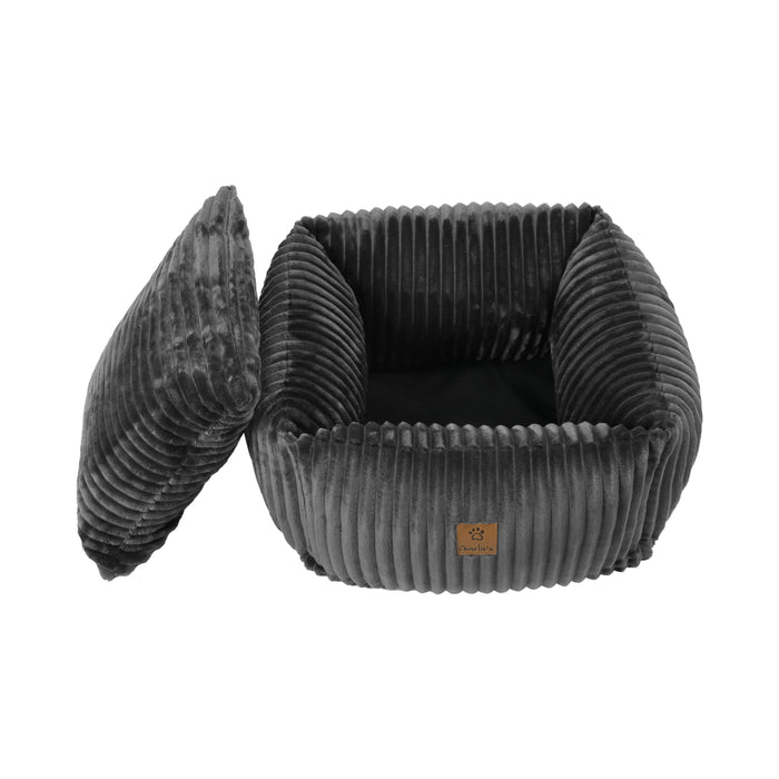 Ascher Plush Corduroy Square Pet Bed Nest Bed - Dark Grey