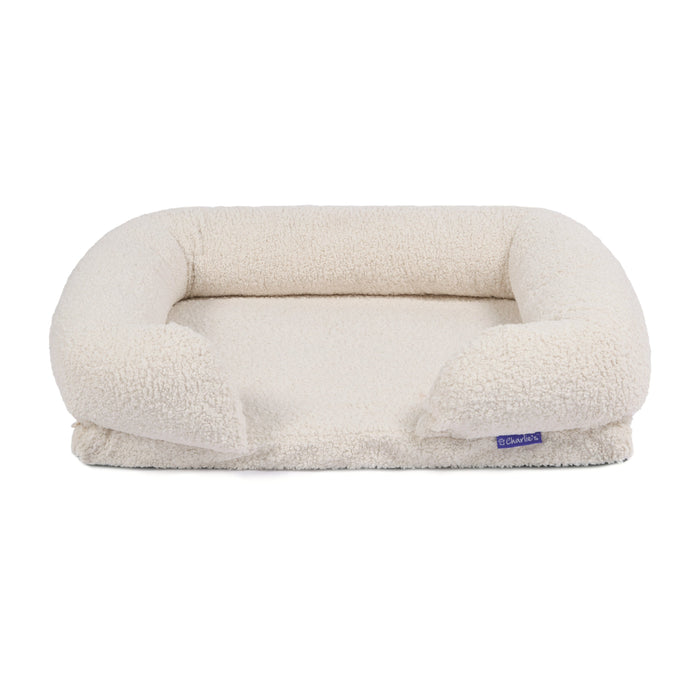 Teddy Fleece Memory Foam Sofa Pet Bed with Bolster - Cream  in 3 Sizes