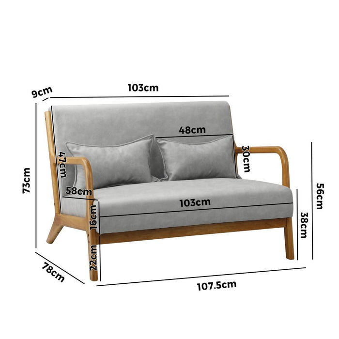 Teramo 2 Seater Accent Couch Lounge Chair | Modern Fabric and Wood Designer Armchair & 2 Bonus Cushions| 2 Colours