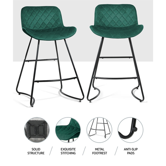 Set of 2 Ultimate Velvet Metal 65cm Padded Barstools in Green