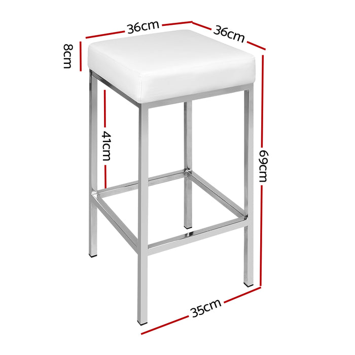 Set of 2 Squareset Modern 69cm PU Leather Barstools in White and Chrome