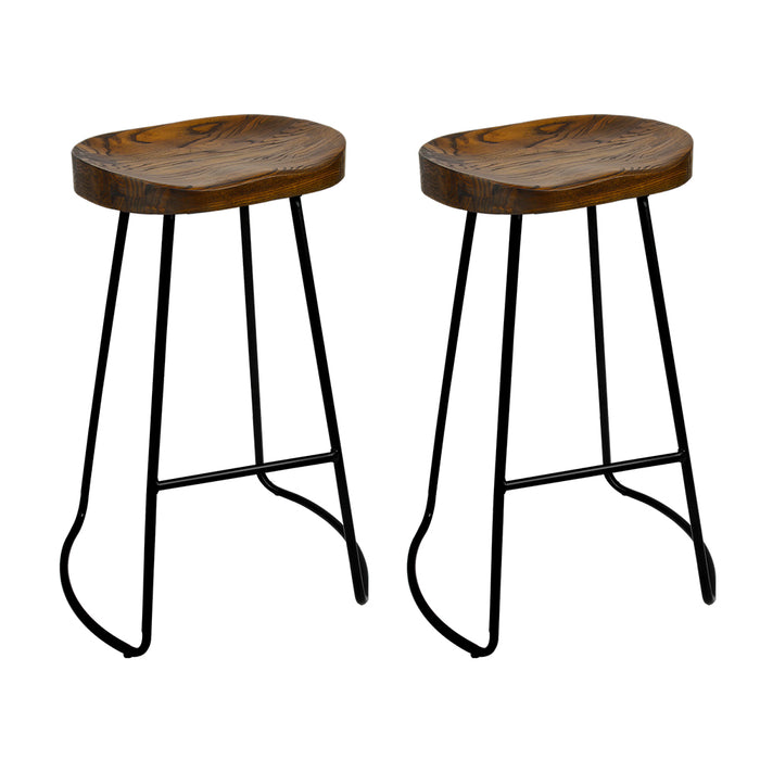 Set of 2 Premium Retro Elm Wood 65cm Barstools in Black and Dark Natural