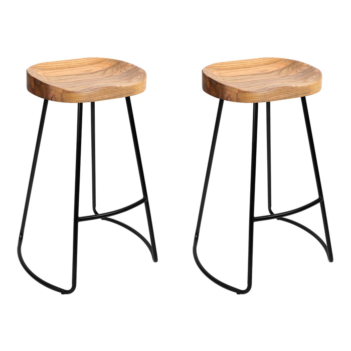 Set of 2 Premium Retro Elm Wood 65cm Barstools in Black and Light Natural