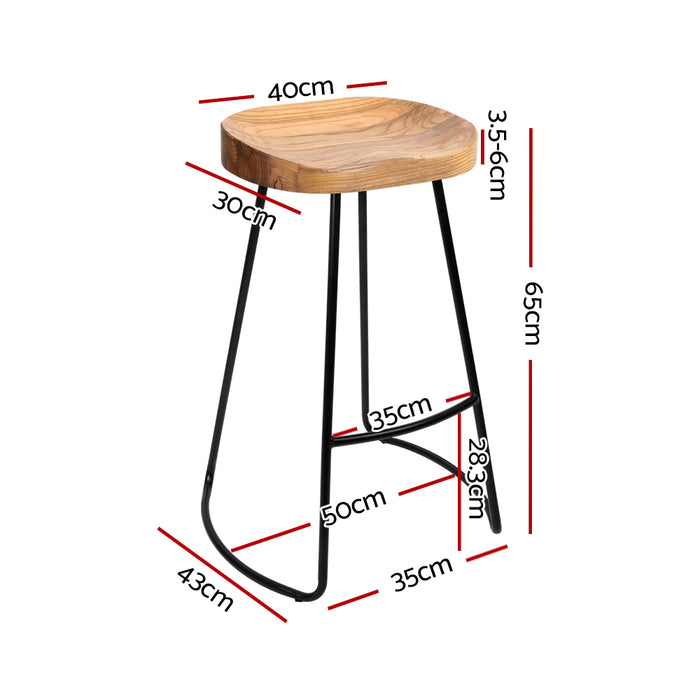 Set of 2 Premium Retro Elm Wood 65cm Barstools in Black and Light Natural