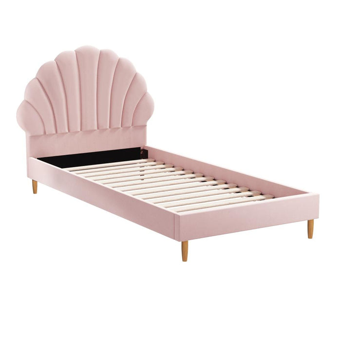 Princess Arial Pink Seashell Style Velvet Fabric Bed Frame | Single Size Kids Pink Soft Touch Fabric Bed