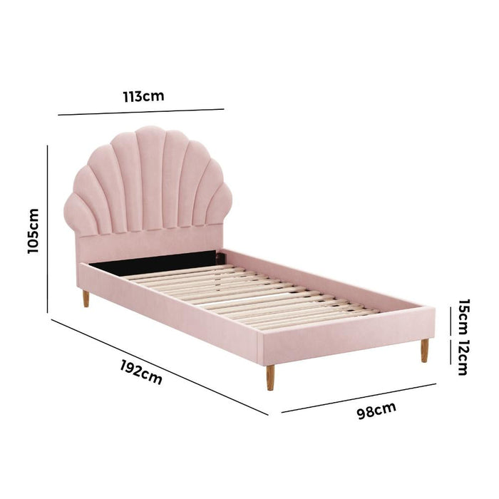 Princess Arial Pink Seashell Style Velvet Fabric Bed Frame | Single Size Kids Pink Soft Touch Fabric Bed