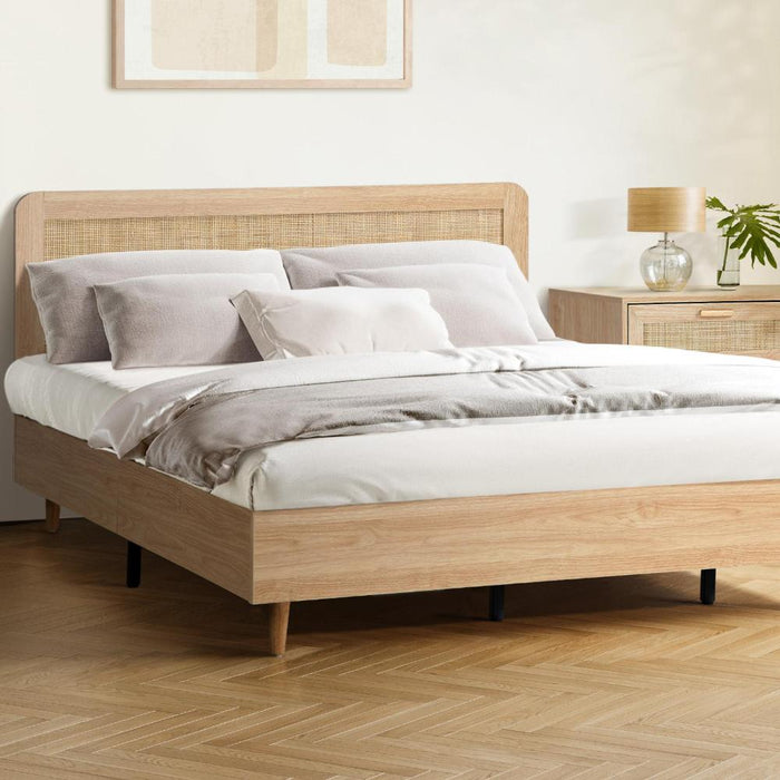 Abruzzi Genuine Rattan Wooden Bed | Modern Elegant Wooden Bed Frame Rattan Headboard | 5 Sizes