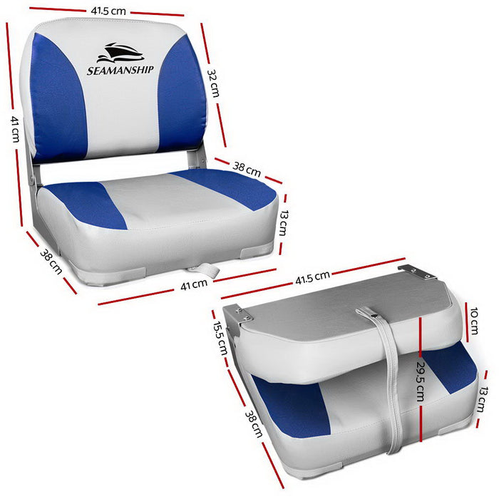 Set of Two Folding Boat Seats Padded Backrest | All Weather Swivels Marine Seats Grey-Blue