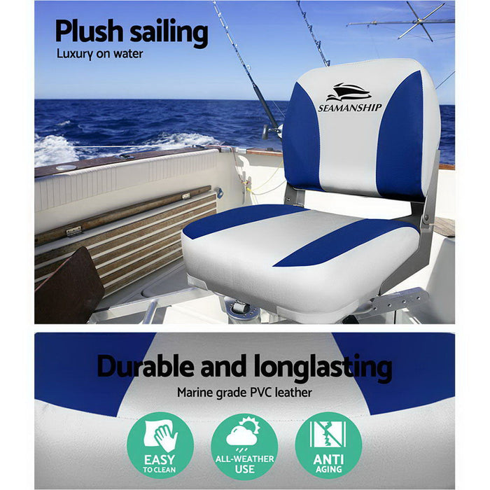 Set of Two Folding Boat Seats Padded Backrest | All Weather Swivels Marine Seats Grey-Blue