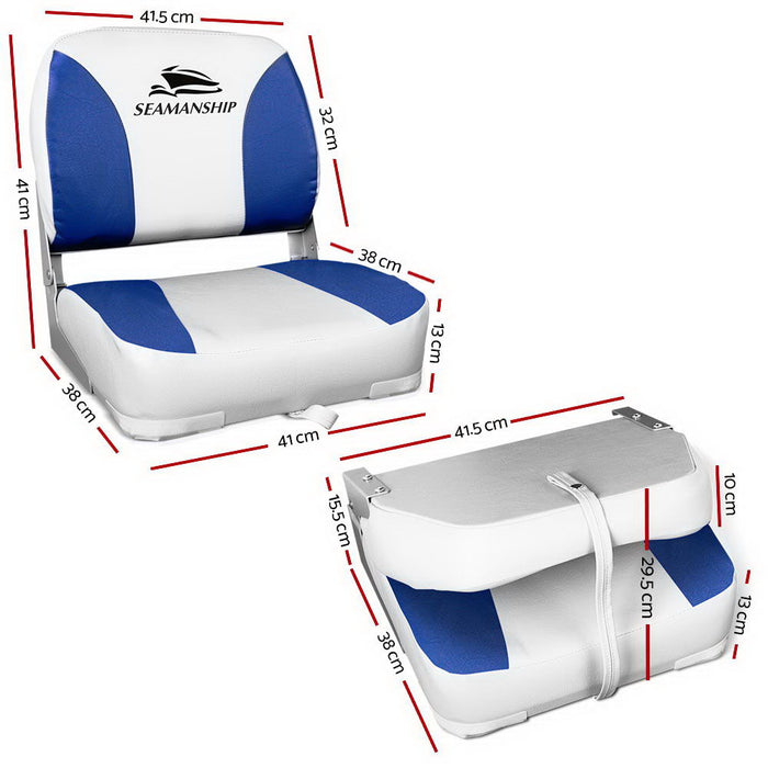 Set of Two Folding Boat Seats Padded Backrest | All Weather Swivels Marine Seats White-Blue