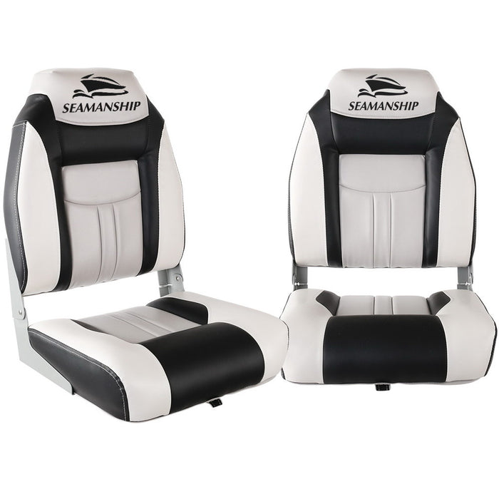 Set of Two Folding Boat Seats Xl Backrest | All Weather Swivels Marine Seats Grey-Black