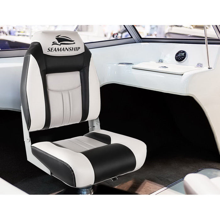 Set of Two Folding Boat Seats Xl Backrest | All Weather Swivels Marine Seats Grey-Black