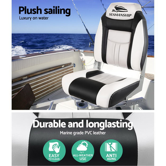 Set of Two Folding Boat Seats Xl Backrest | All Weather Swivels Marine Seats Grey-Black