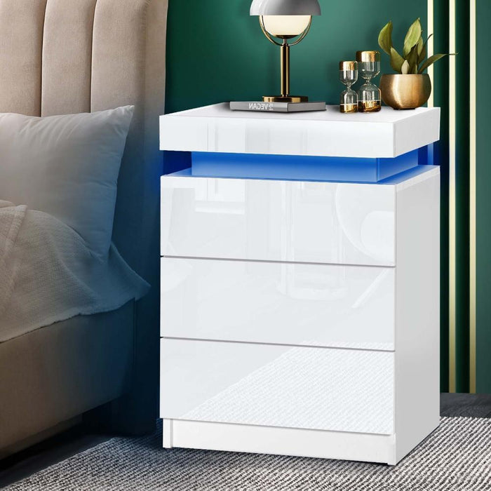 Carlo Supreme LED Multicolour Bedside Table | Modern Glossy Lift Storage Nightstand Bedside Unit | 2 Colours - 2 Finishes