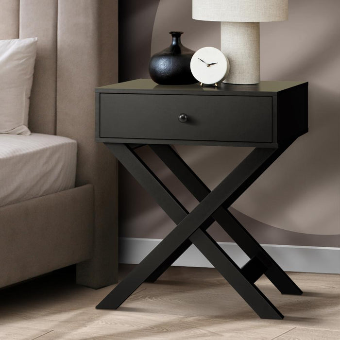 Eros Cross Base Modern Bedside Table | Sleek Storage Draw Nightstand Table in 3 Colours