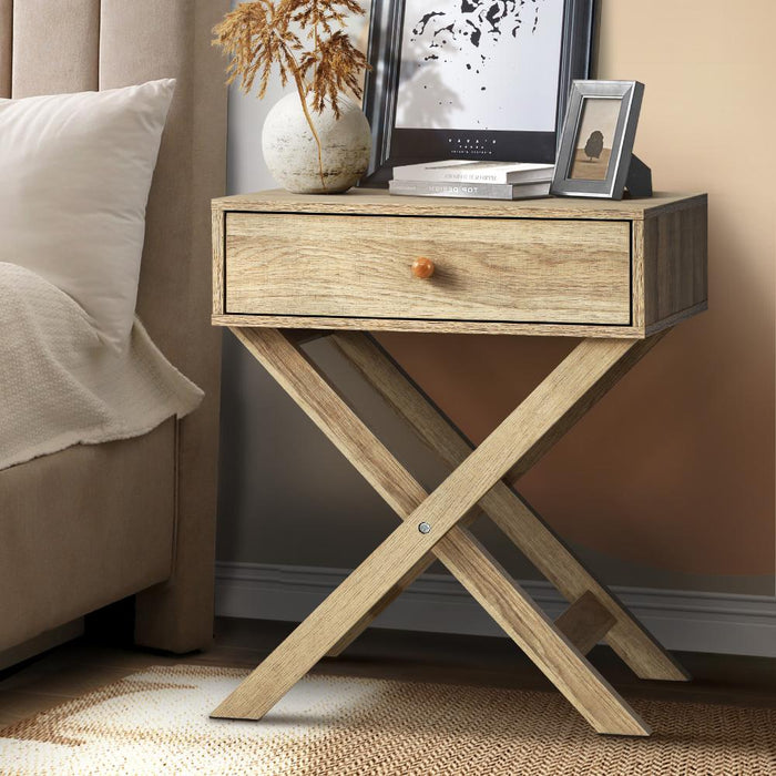 Eros Cross Base Modern Bedside Table | Sleek Storage Draw Nightstand Table in 3 Colours