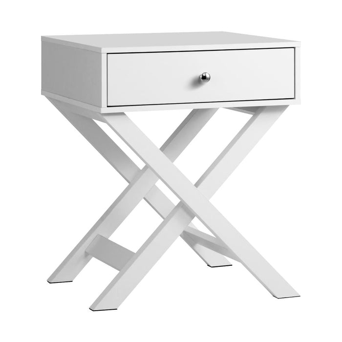 Eros Cross Base Modern Bedside Table | Sleek Storage Draw Nightstand Table in 3 Colours