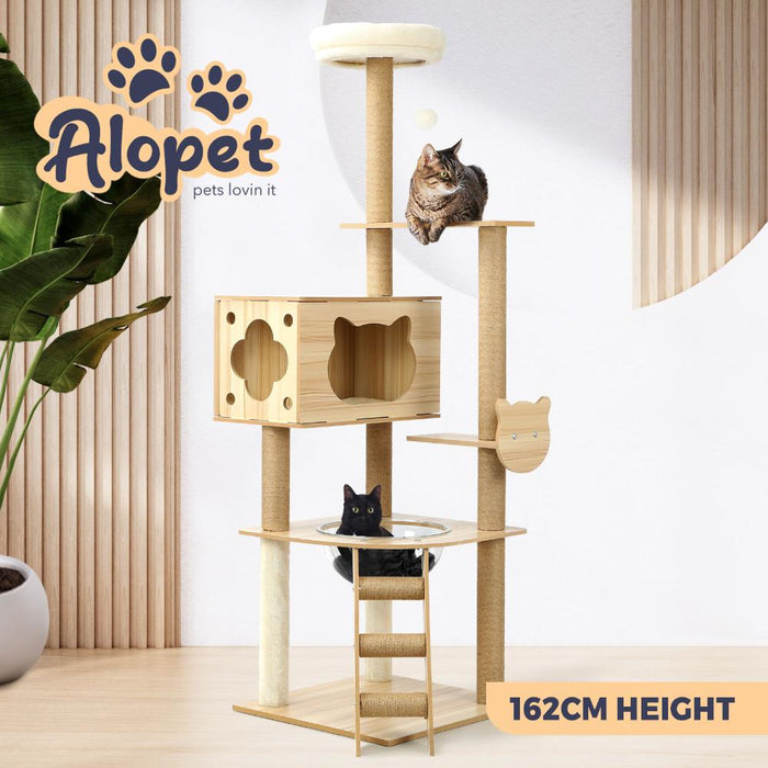 Deluxe Wooden Cat Tree Tower with Ladder, Cat Condo and Scratching Post Castle | 2 Sizes