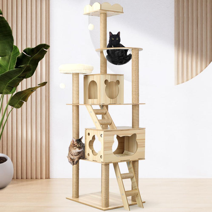 Deluxe Wooden Cat Tree Tower with Ladder, Cat Condo and Scratching Post Castle | 2 Sizes