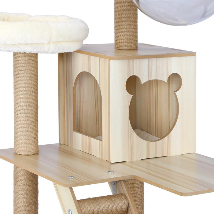 Deluxe Wooden Cat Tree Tower with Ladder, Cat Condo and Scratching Post Castle | 2 Sizes