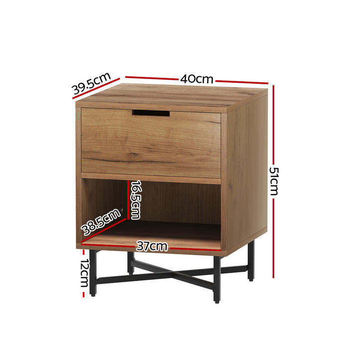 Milanese Bedside Table Unit | 1 Drawers Shelf Side Nightstand Storage in Rust Oak