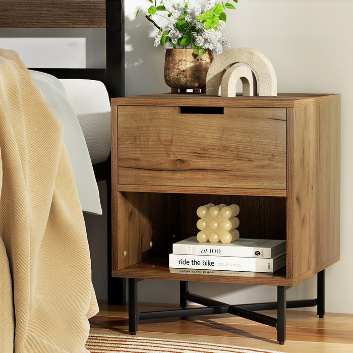 Milanese Bedside Table Unit | 1 Drawers Shelf Side Nightstand Storage in Rust Oak