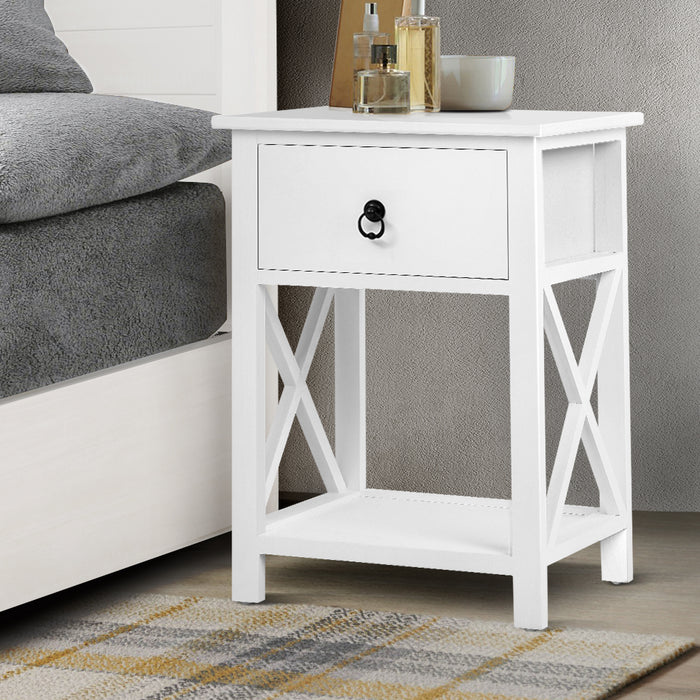 Set of 2 Milos Wooden White Bedside Tables | Sleek Nightstand Drawer Lamp Table