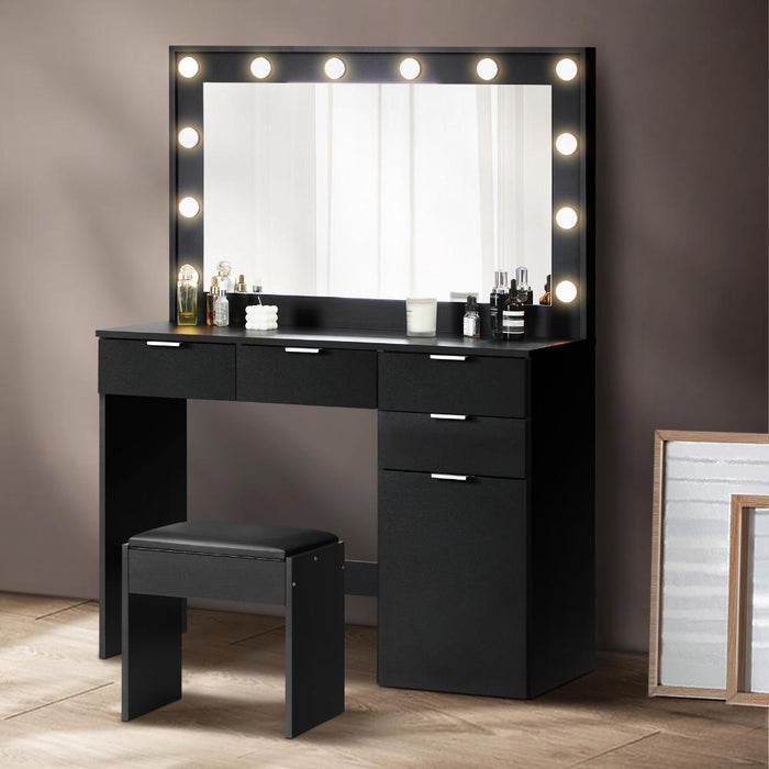 Venezza Large LED Mirror Dressing Table and Stool Set | 10 Light Level Adjustable Hollywood Light | Makeup Desk Storage Drawer | 3 Colours