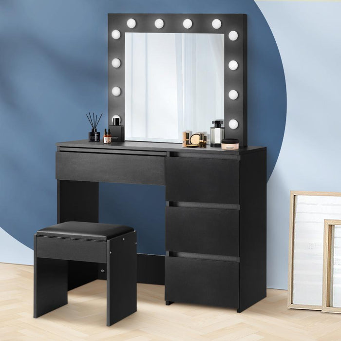 Nora LED Mirror Dressing Table and Stool Set | 12 Light Hollywood Light Makeup Desk Mirror and Storage Drawer Set | 3 Colours