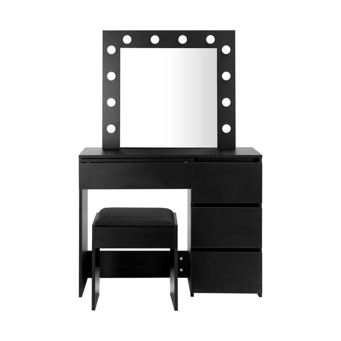 Nora LED Mirror Dressing Table and Stool Set | 12 Light Hollywood Light Makeup Desk Mirror and Storage Drawer Set | 3 Colours