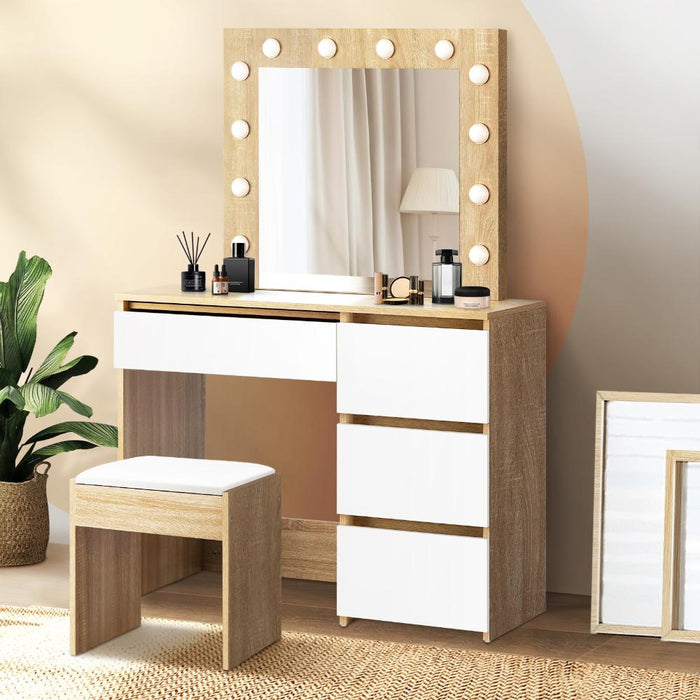 Nora LED Mirror Dressing Table and Stool Set | 12 Light Hollywood Light Makeup Desk Mirror and Storage Drawer Set | 3 Colours