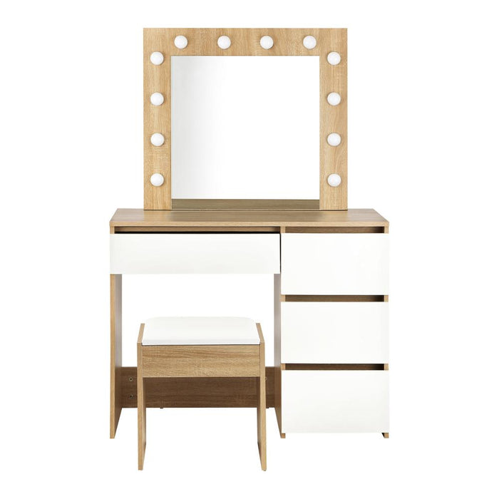 Nora LED Mirror Dressing Table and Stool Set | 12 Light Hollywood Light Makeup Desk Mirror and Storage Drawer Set | 3 Colours