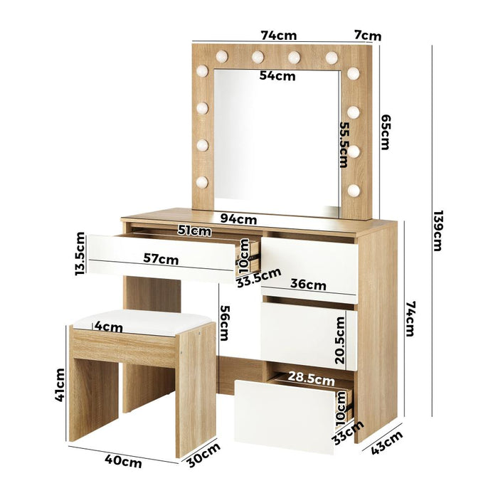 Nora LED Mirror Dressing Table and Stool Set | 12 Light Hollywood Light Makeup Desk Mirror and Storage Drawer Set | 3 Colours