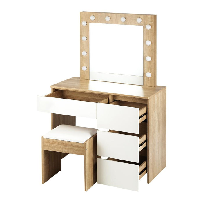 Nora LED Mirror Dressing Table and Stool Set | 12 Light Hollywood Light Makeup Desk Mirror and Storage Drawer Set | 3 Colours