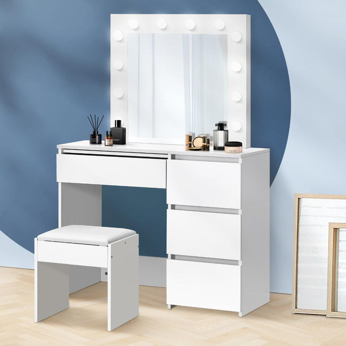 Nora LED Mirror Dressing Table and Stool Set | 12 Light Hollywood Light Makeup Desk Mirror and Storage Drawer Set | 3 Colours