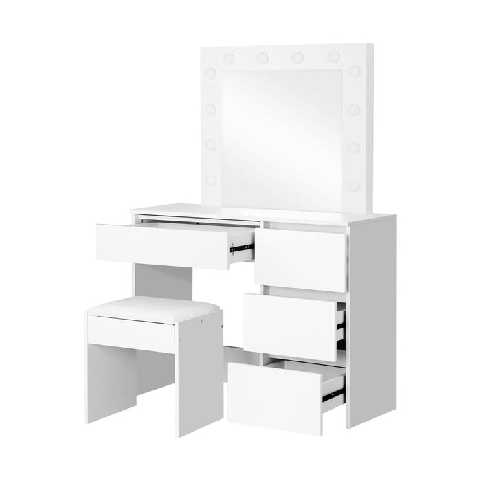 Nora LED Mirror Dressing Table and Stool Set | 12 Light Hollywood Light Makeup Desk Mirror and Storage Drawer Set | 3 Colours