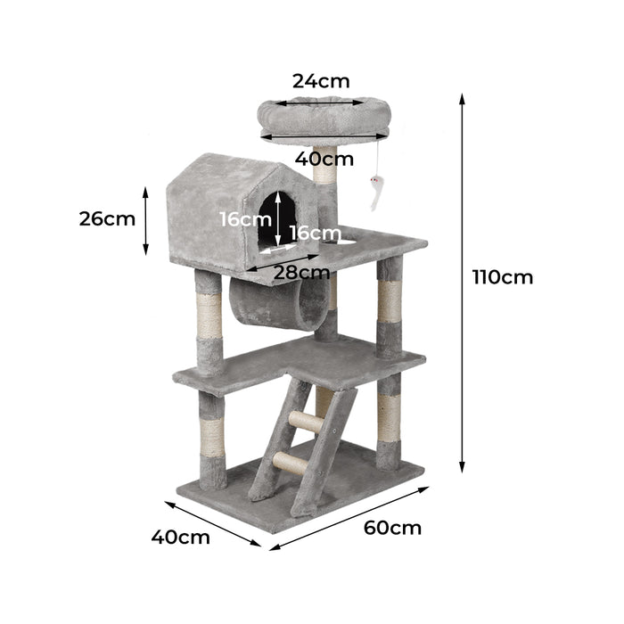 Pawzee 110cm Cat Tree Scratching Post| Cat Tower Condo Scratcher House in Grey